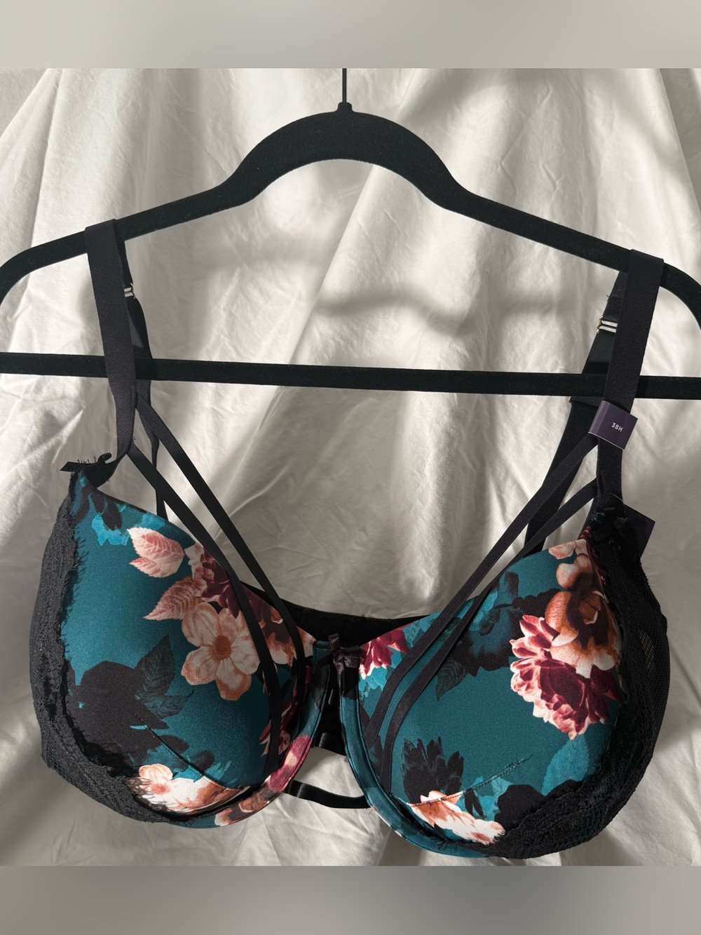 Cacique Teal Floral lightly lined balconette Underwire Bra with Black Trim